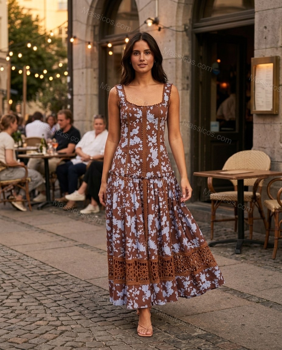 Brown Floral Maxi Lace Dress, movement and fit lifestyle view, by Massicos