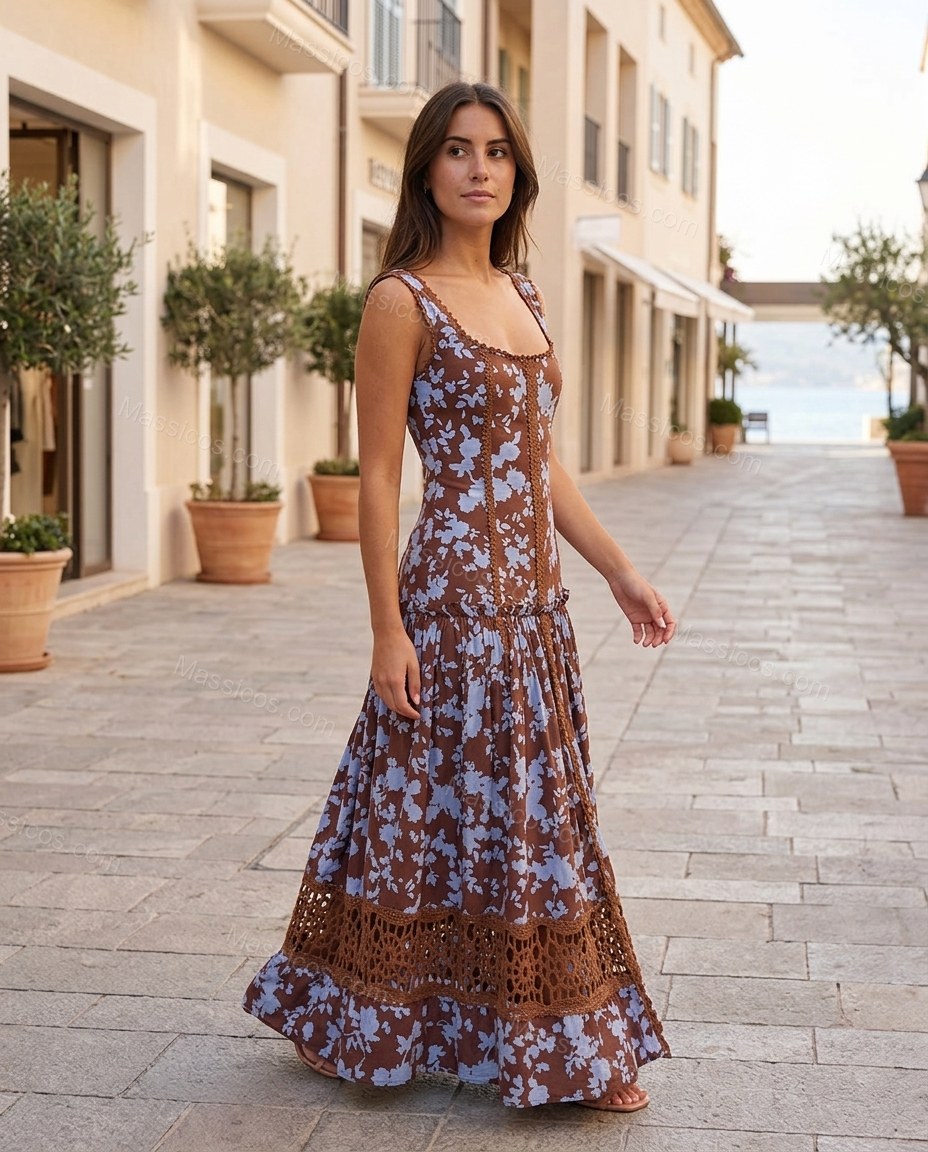 Brown Floral Maxi Lace Dress, alternate use-case lifestyle view, by Massicos