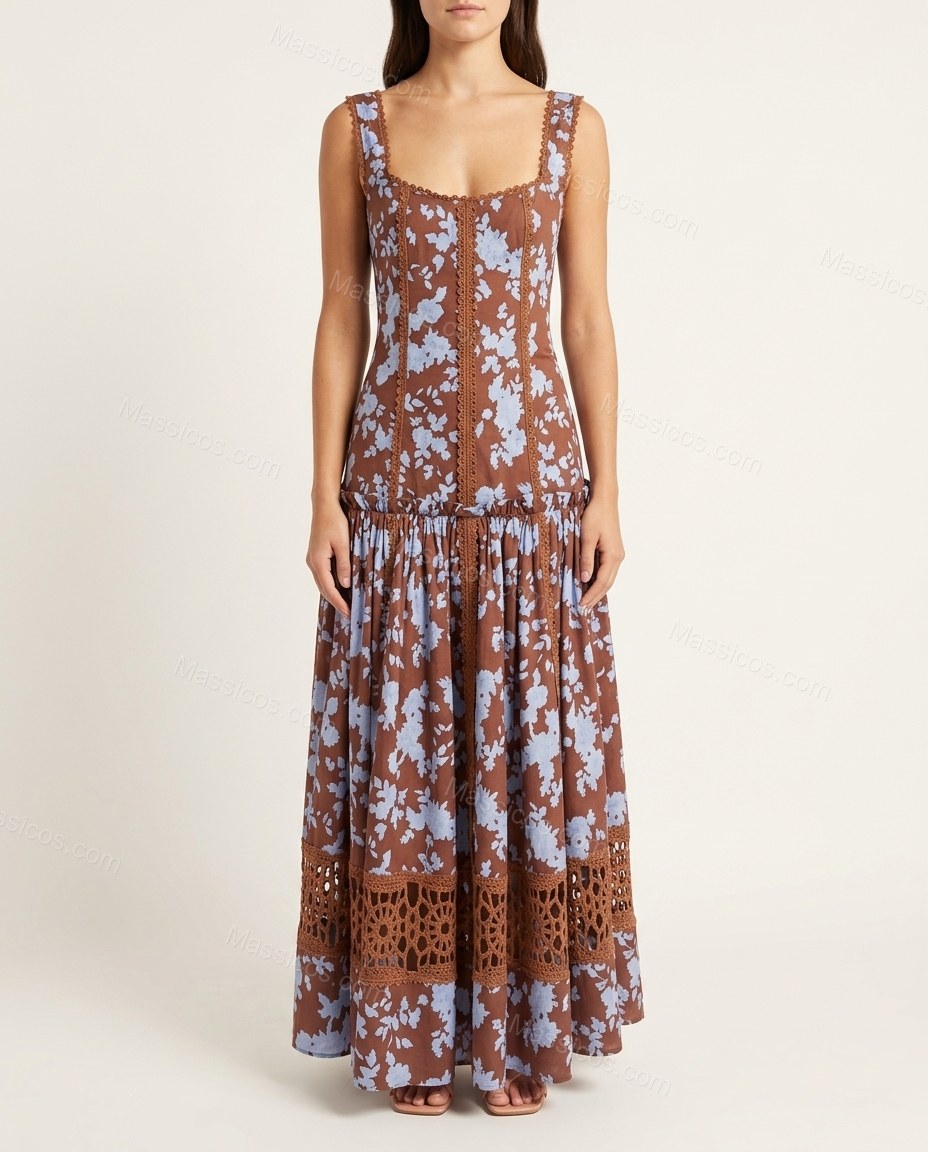 Brown Floral Maxi Lace Dress, front studio view, by Massicos