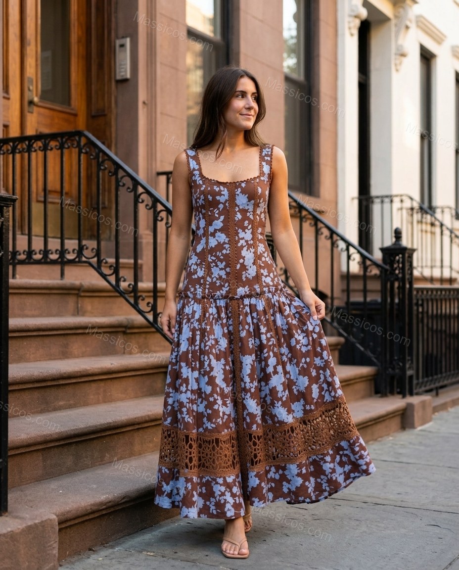 Brown Floral Maxi Lace Dress, walking lifestyle view, by Massicos
