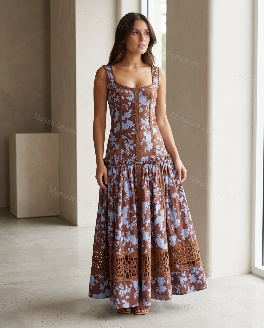 Brown Floral Maxi Lace Dress, full-length hero view, by Massicos