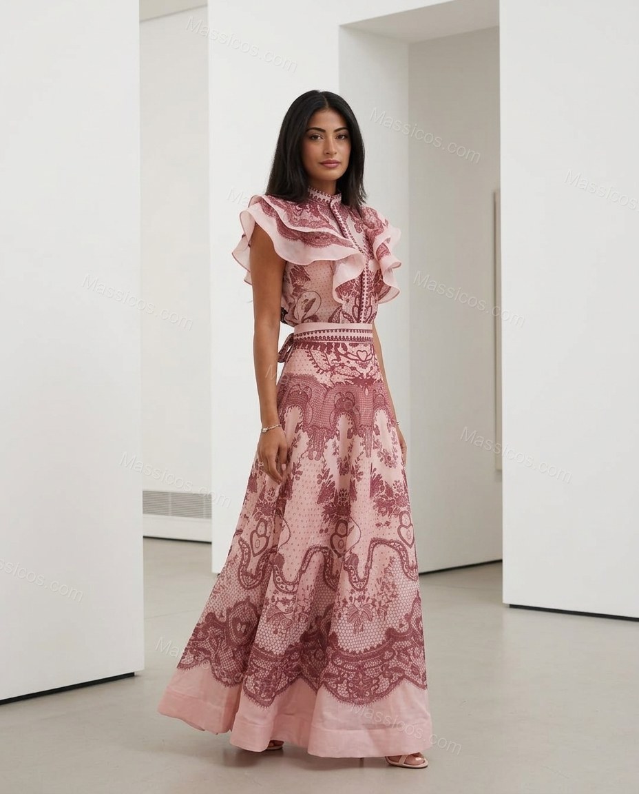 Pink Floral Embroidered Ruffled Dress, three-quarter brand lifestyle view, by Massicos