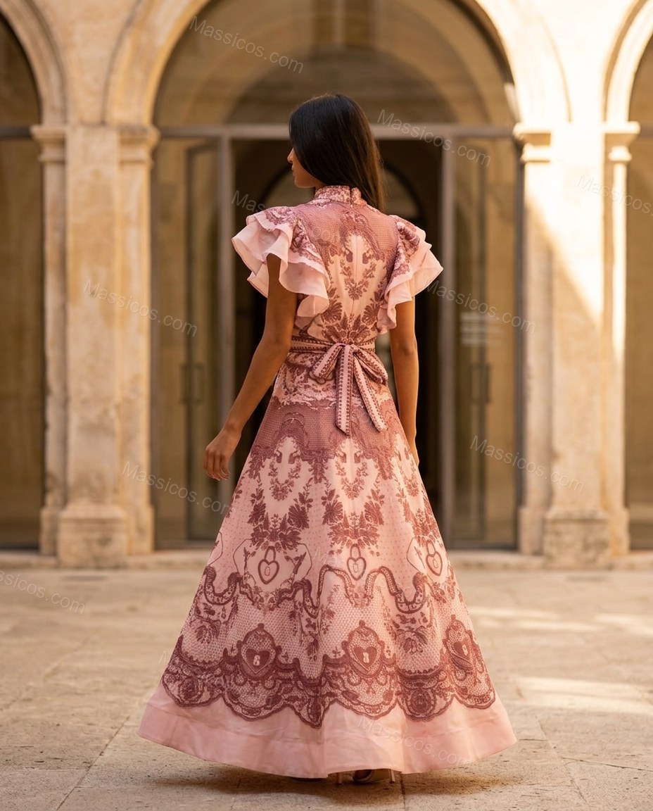 Pink Floral Embroidered Ruffled Dress, alternate use-case lifestyle view, by Massicos