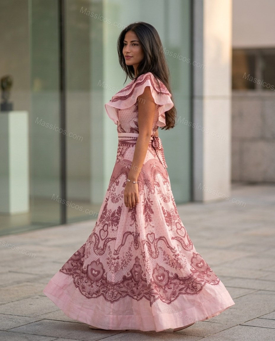 Pink Floral Embroidered Ruffled Dress, walking lifestyle view, by Massicos