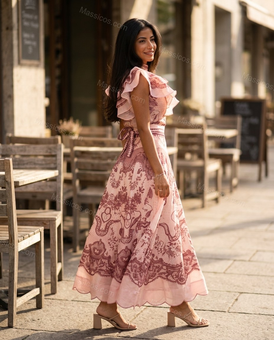 Pink Floral Embroidered Ruffled Dress, movement and fit lifestyle view, by Massicos