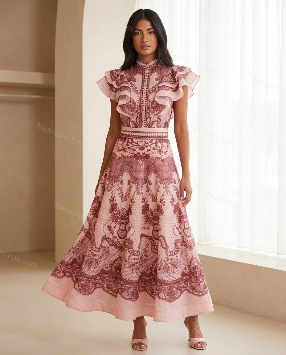 Pink Floral Embroidered Ruffled Dress, full-length hero view, by Massicos