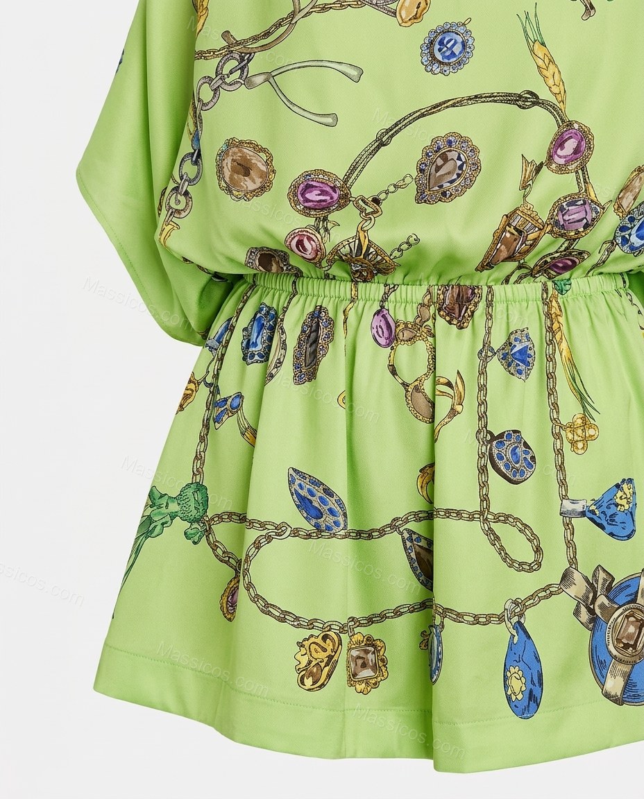 Lime Green Mini One-Shoulder Asymmetric Dress, close-up of gold and blue accents, elasticized waist and tie detail on sleeve, by Massicos