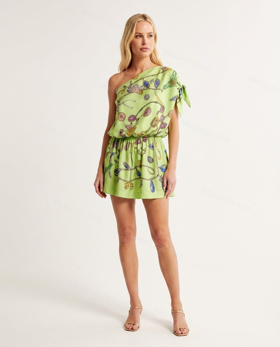 Lime Green Mini One-Shoulder Asymmetric Dress, front studio view, by Massicos