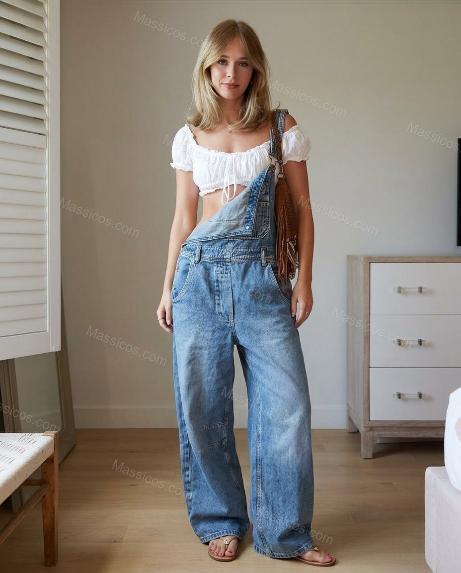White Denim Top & Pants Set, full-length hero view, by Massicos