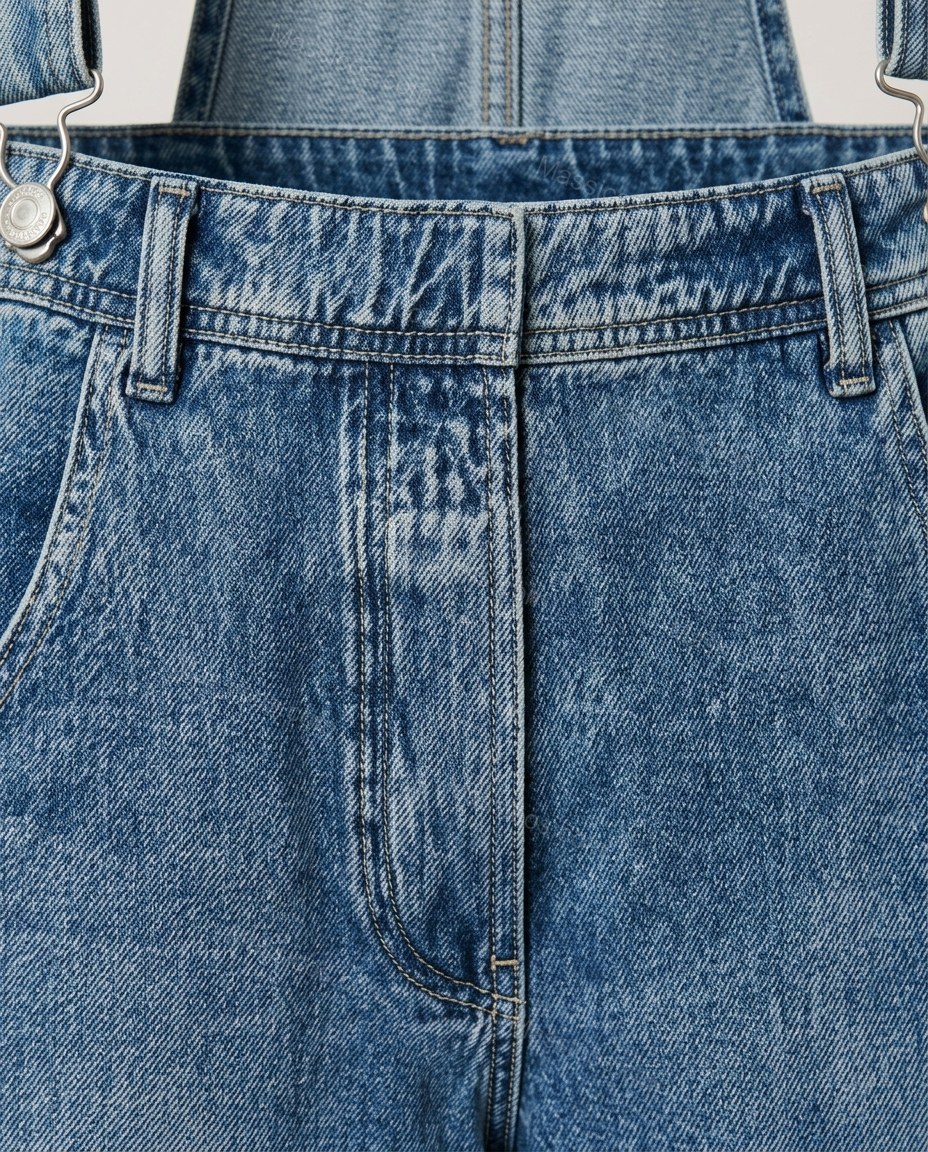 White Denim Top & Pants Set, close-up of silver accents, bib pocket and side pockets, by Massicos