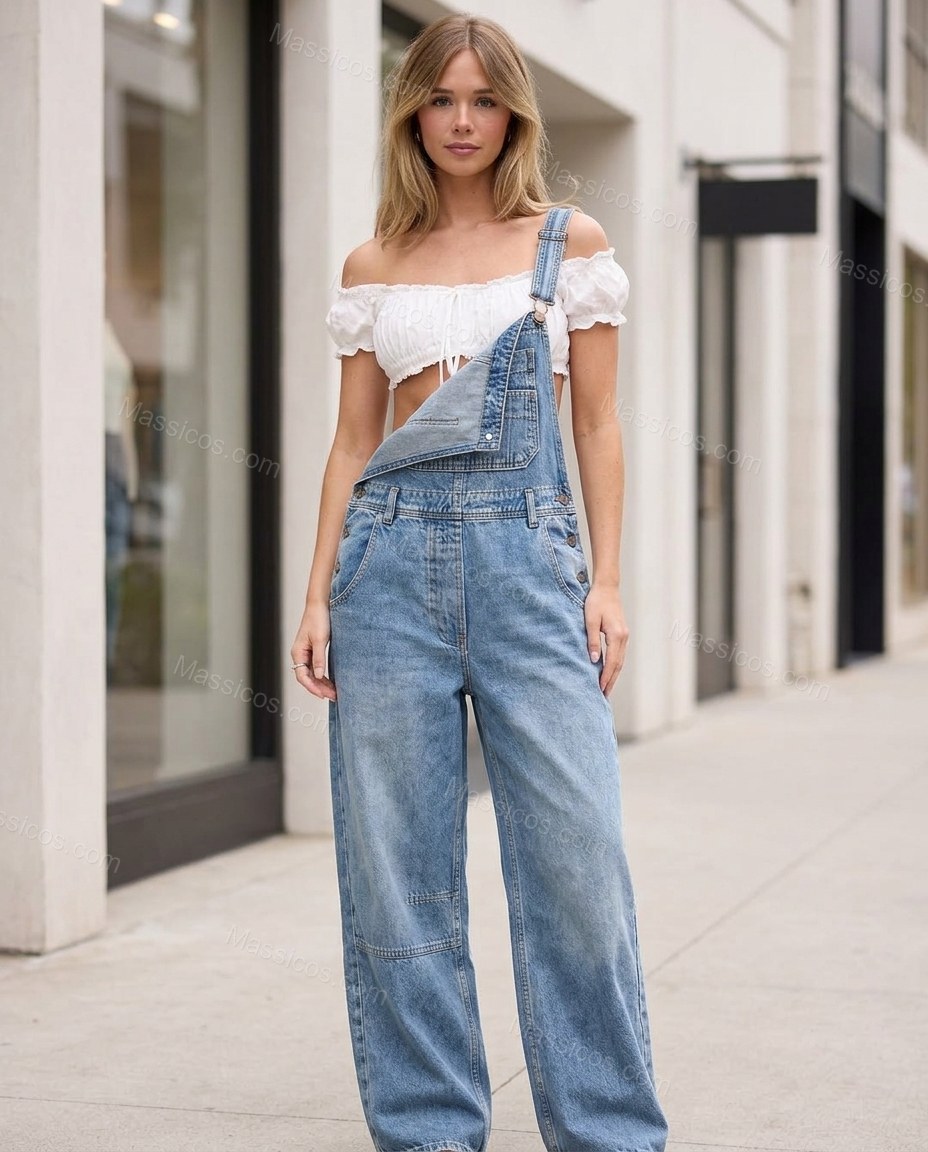 White Denim Top & Pants Set, three-quarter brand lifestyle view, by Massicos