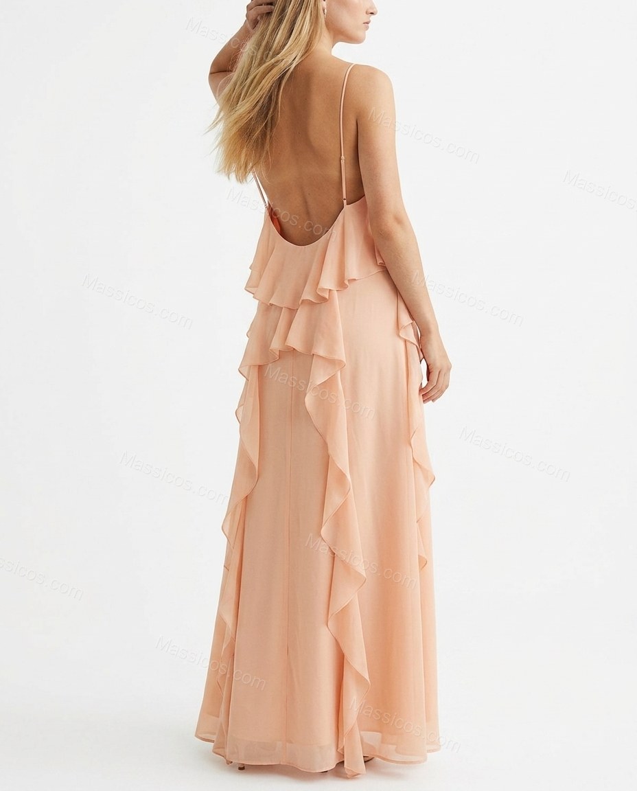 Peach Maxi Open-Back Halter Dress, back studio view showing open back design with thin straps, by Massicos