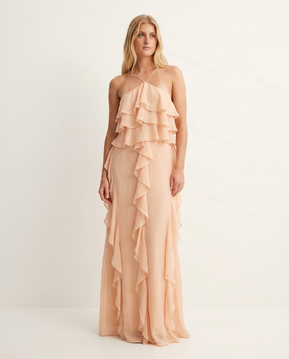 Peach Maxi Open-Back Halter Dress, front studio view, by Massicos