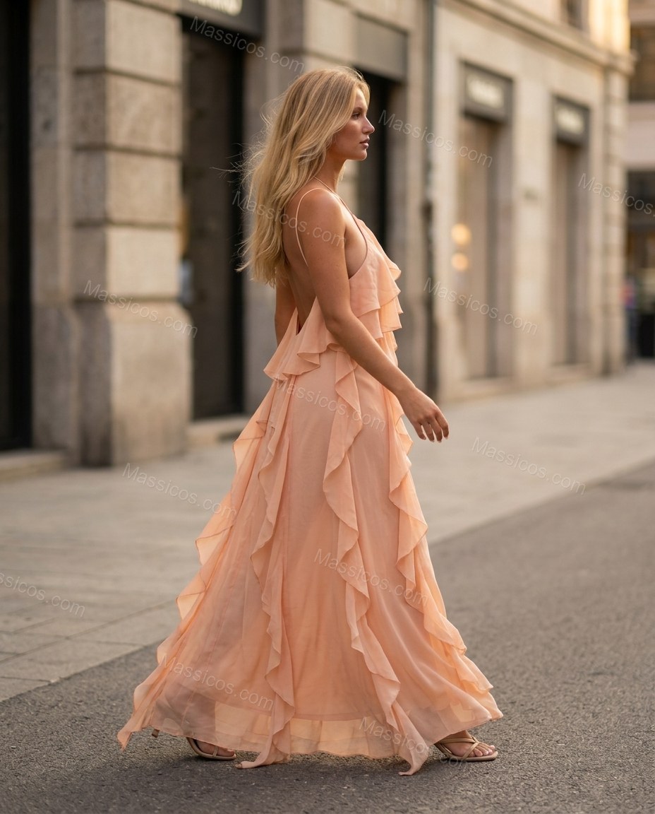 Peach Maxi Open-Back Halter Dress, movement and fit lifestyle view, by Massicos