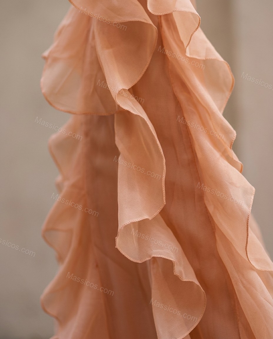 Peach Maxi Open-Back Halter Dress, close-up of ruffles, spaghetti straps and open back, by Massicos