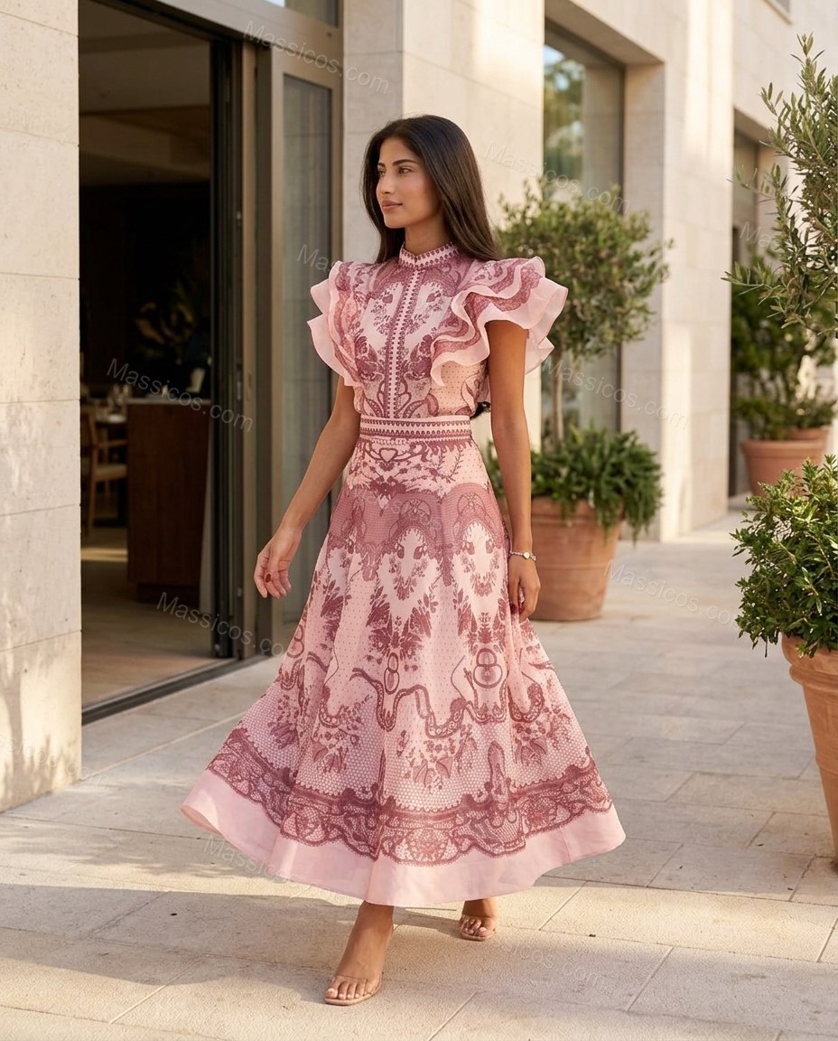 Pink Floral Midi Ruffled Dress, walking lifestyle view, by Massicos