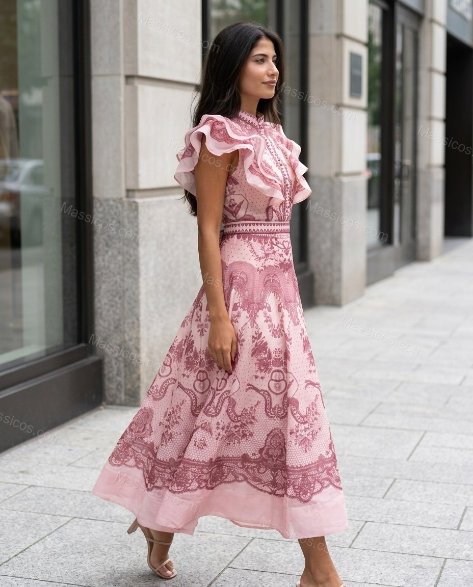 Pink Floral Midi Ruffled Dress, movement and fit lifestyle view, by Massicos