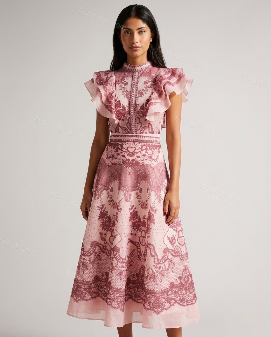 Pink Floral Midi Ruffled Dress, front studio view, by Massicos