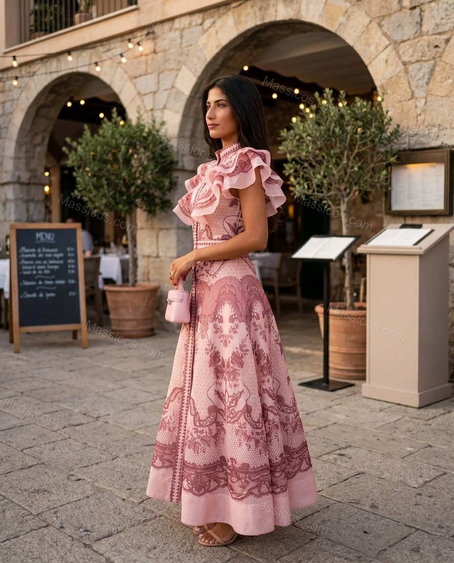 Pink Floral Midi Ruffled Dress, three-quarter brand lifestyle view, by Massicos