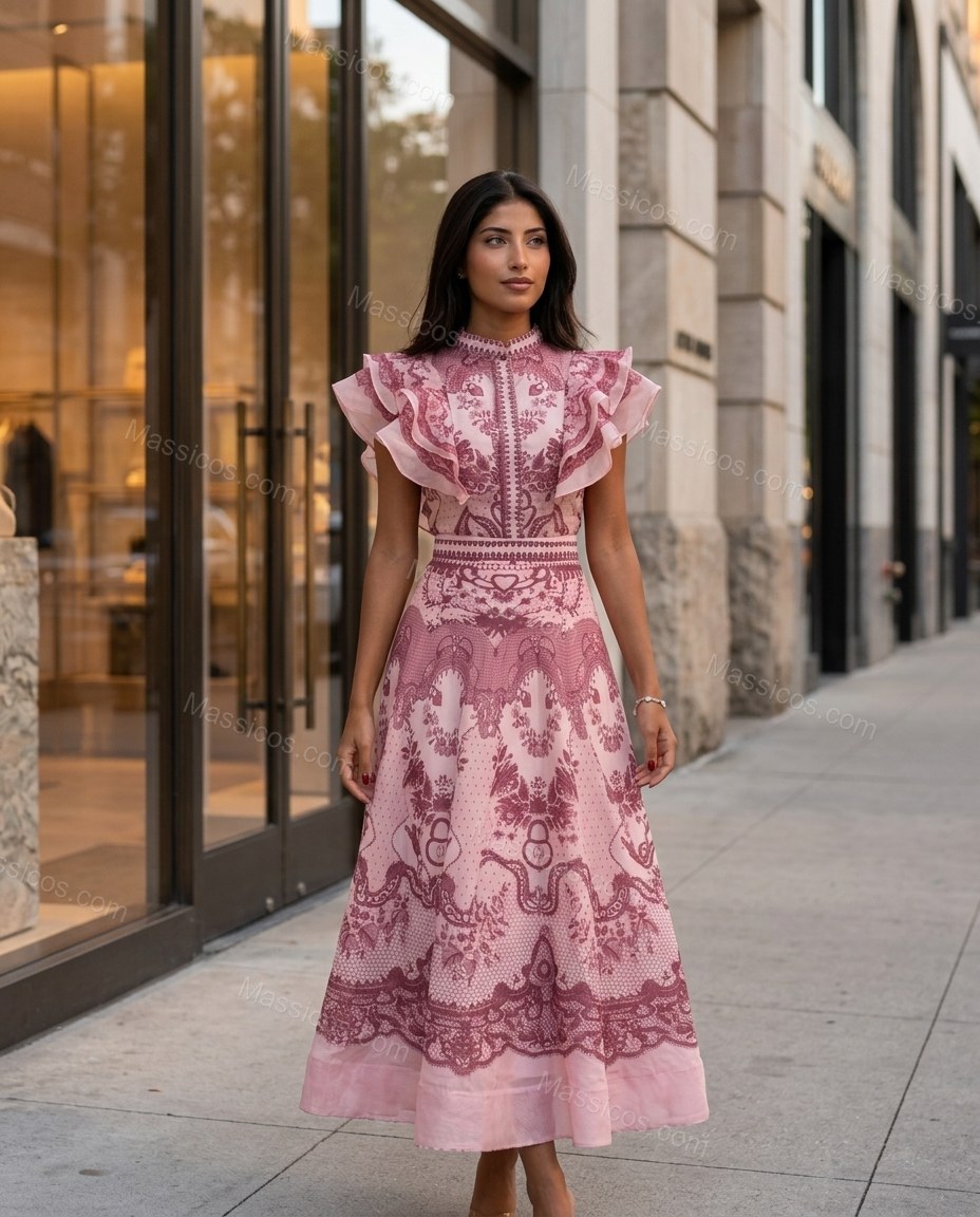 Pink Floral Midi Ruffled Dress, alternate use-case lifestyle view, by Massicos