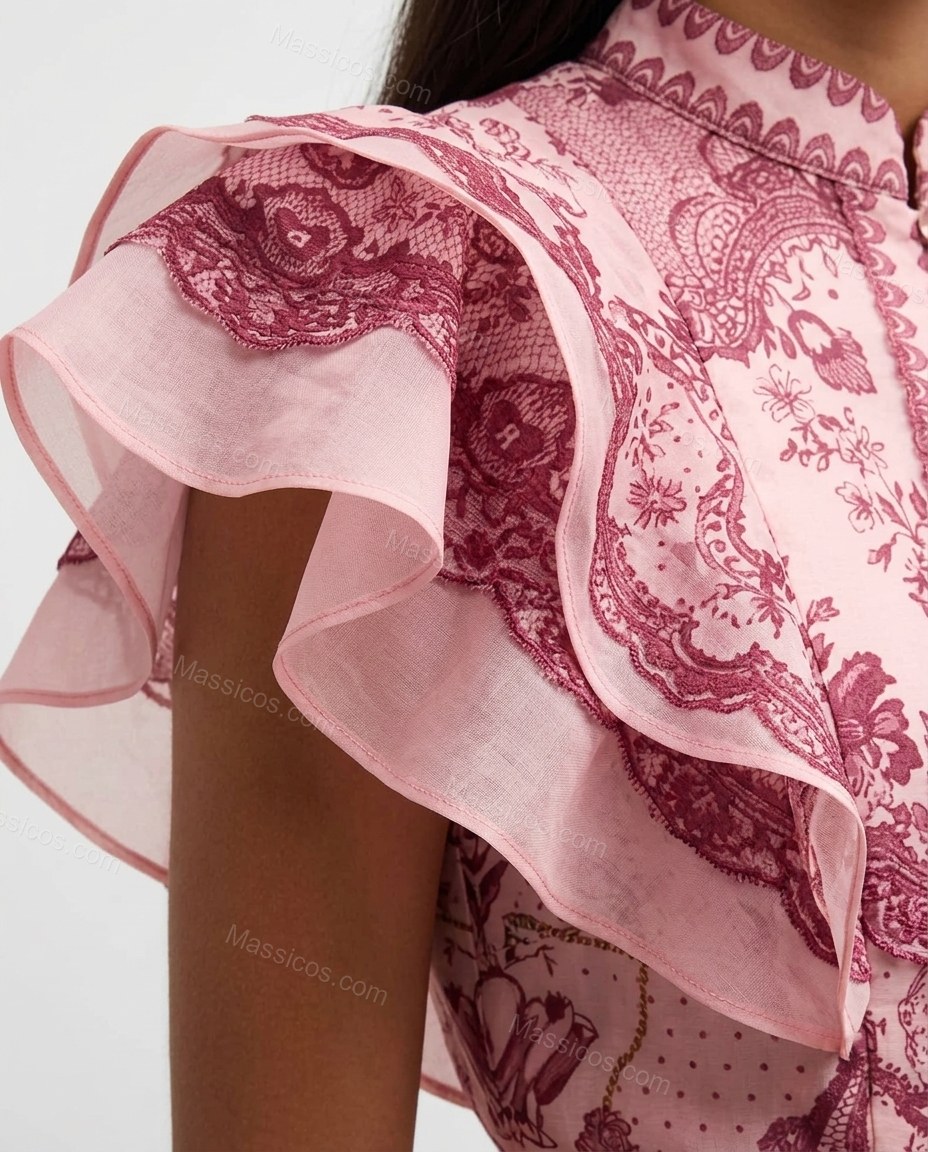 Pink Floral Midi Ruffled Dress, close-up of floral, by Massicos