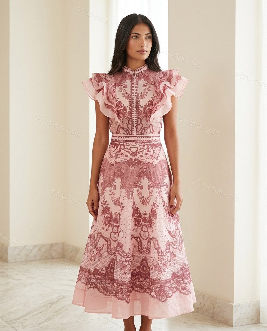 Pink Floral Midi Ruffled Dress, full-length hero view, by Massicos