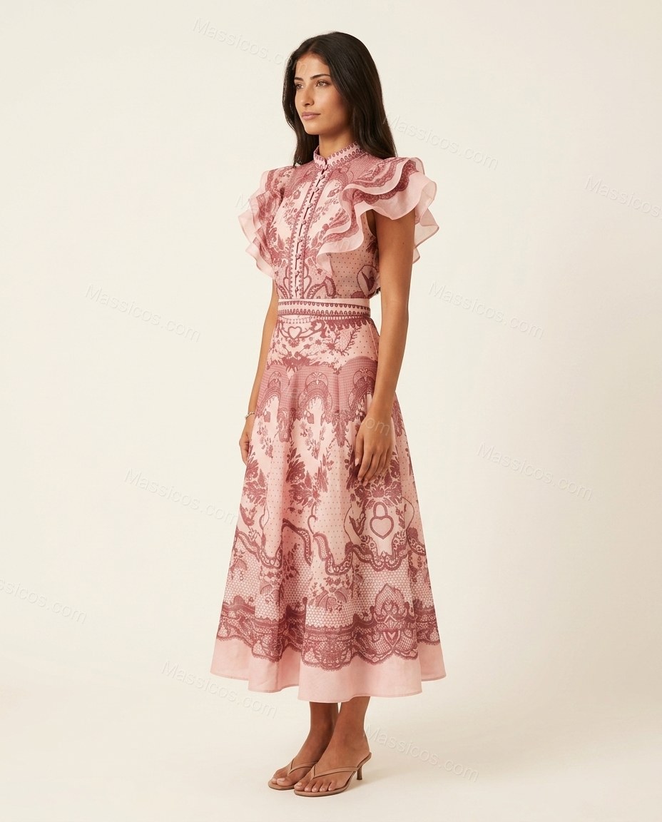 Pink Floral Midi Ruffled Dress, side and back studio view, by Massicos