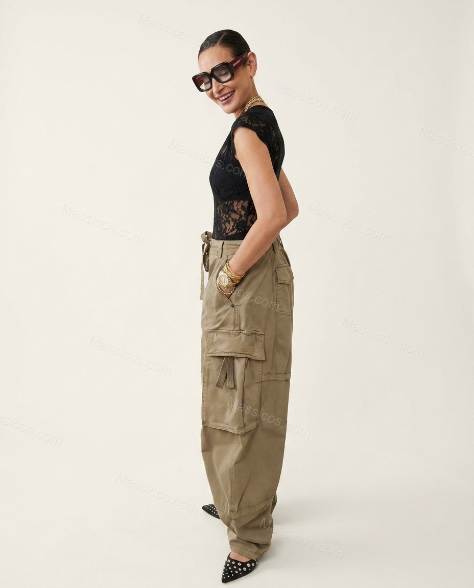 Khaki Cotton Pants, side and back studio view showing no distinct features visible, by Massicos