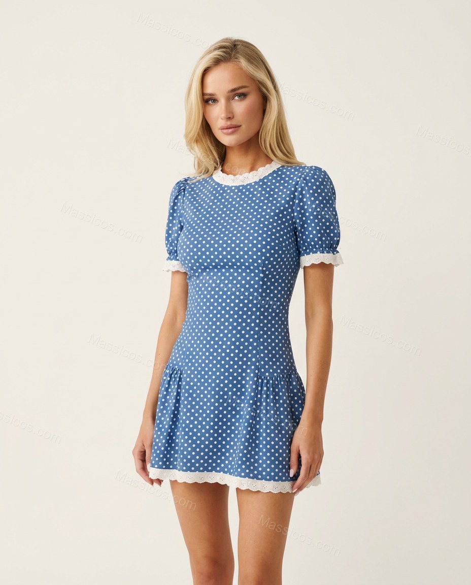 Blue Polka Dot Mini Ruffled Dress, front studio view, by Massicos