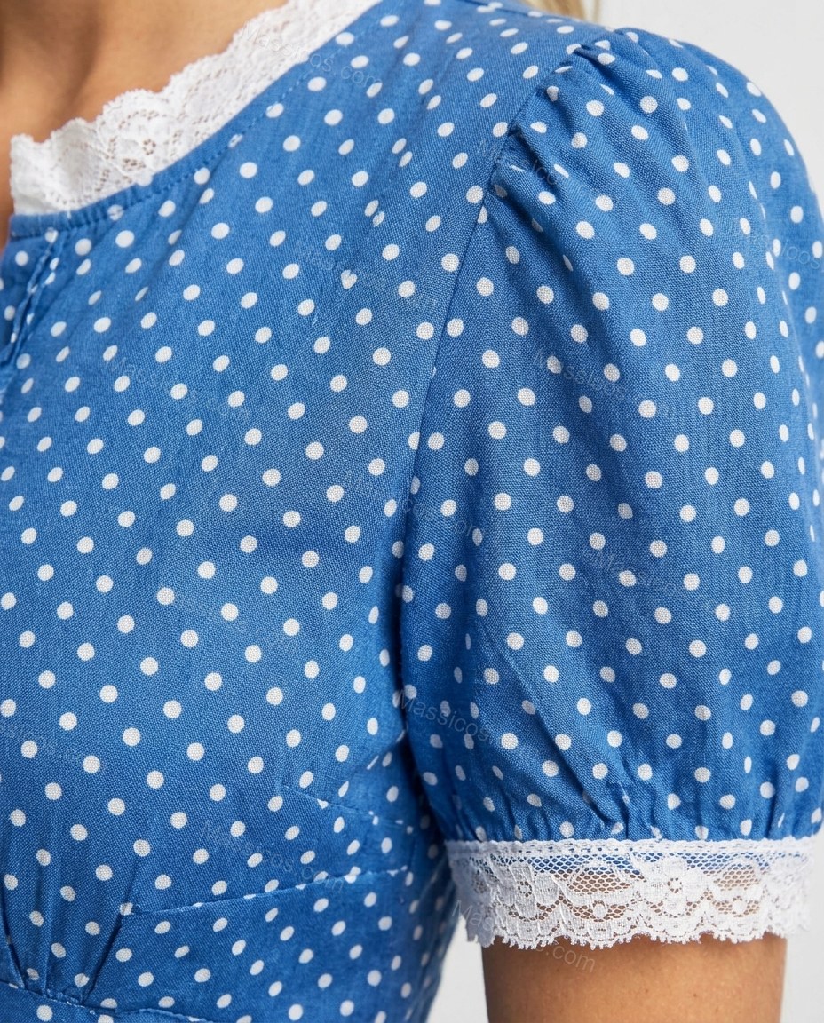 Blue Polka Dot Mini Ruffled Dress, close-up of polka dot, by Massicos