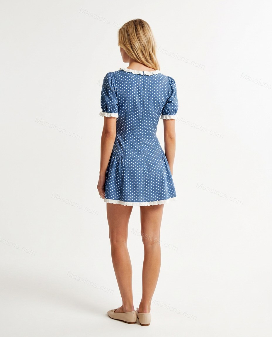 Blue Polka Dot Mini Ruffled Dress, back studio view, by Massicos
