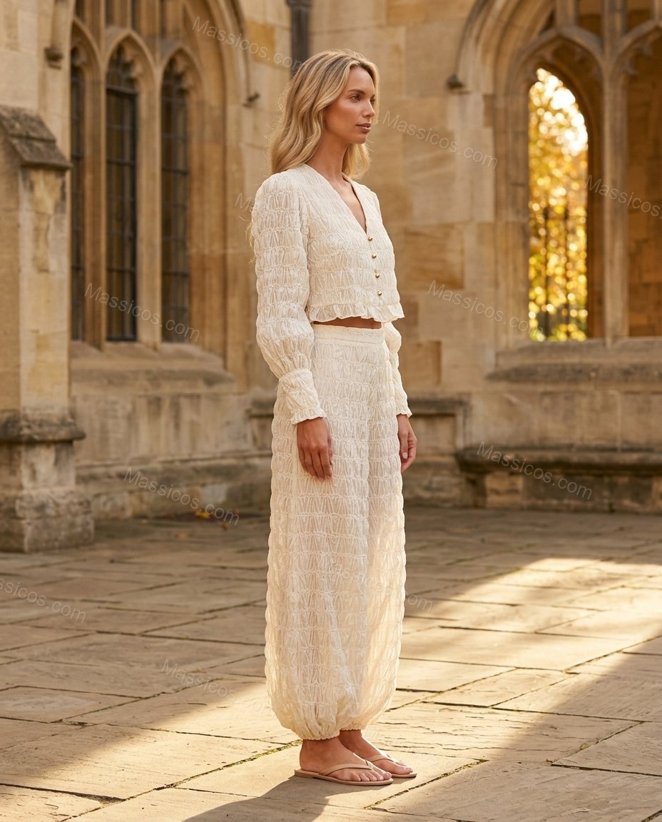 Off-white Peplum Pants Set, walking lifestyle view, by Massicos