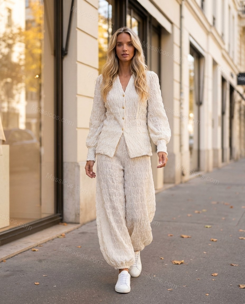 Off-white Peplum Pants Set, movement and fit lifestyle view, by Massicos