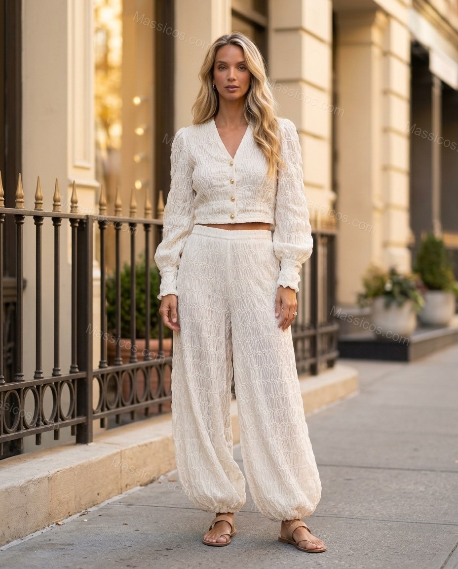 Off-white Peplum Pants Set, three-quarter brand lifestyle view, by Massicos