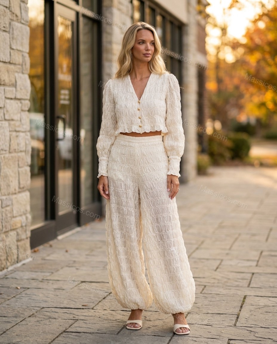 Off-white Peplum Pants Set, alternate use-case lifestyle view, by Massicos