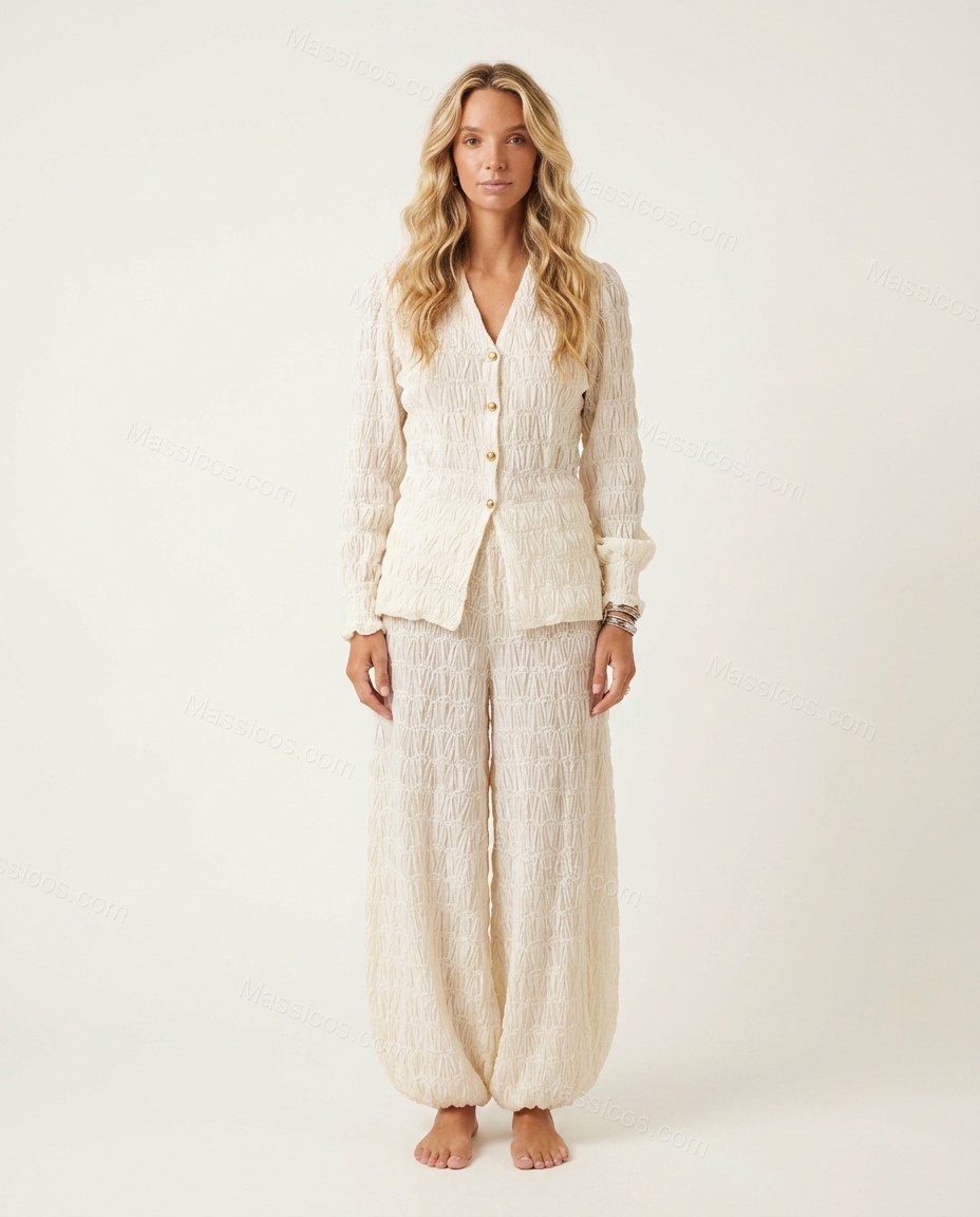 Off-white Peplum Pants Set, front studio view, by Massicos