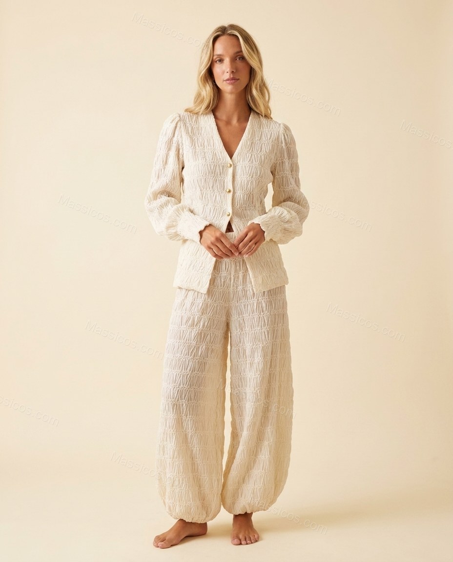 Off-white Peplum Pants Set, full-length hero view, by Massicos