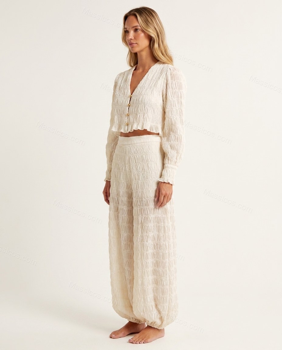Off-white Peplum Pants Set, side and back studio view, by Massicos