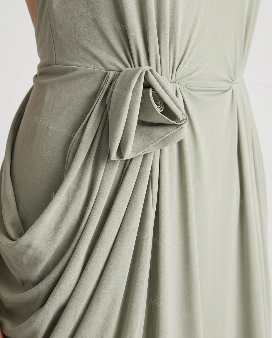 Sage Green Maxi Open-Back Halter Dress, close-up of draped detailing, side cut-out and open back, by Massicos
