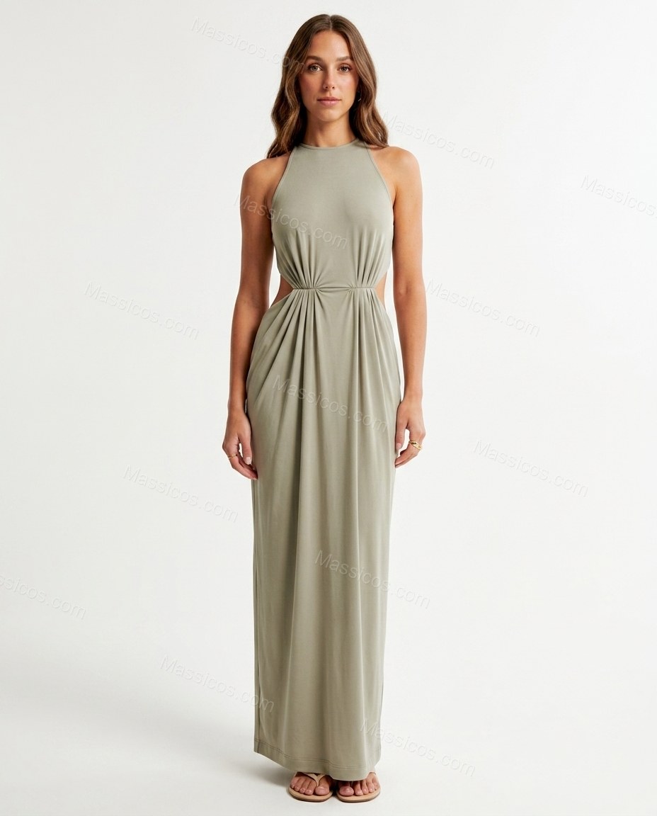 Sage Green Maxi Open-Back Halter Dress, front studio view, by Massicos