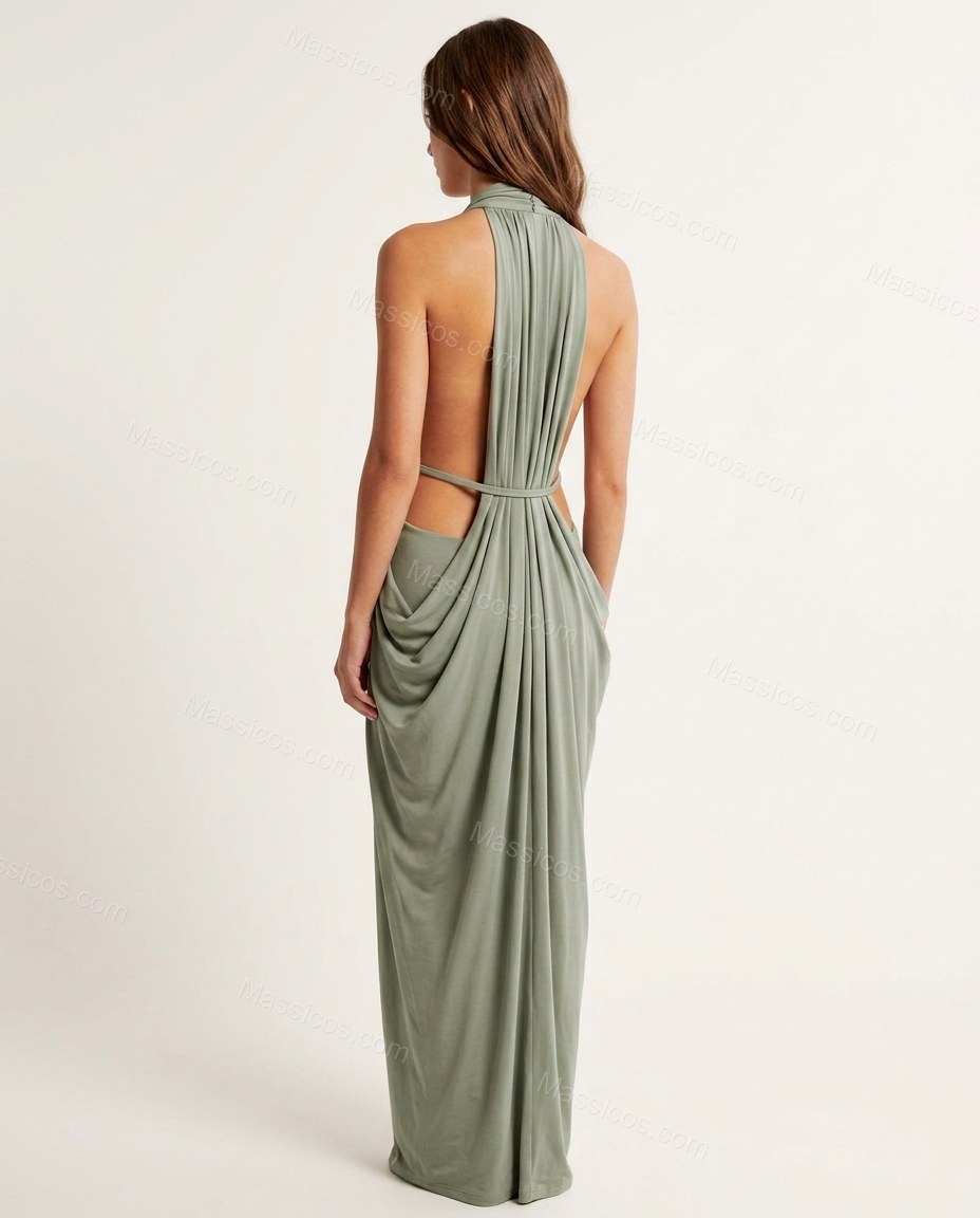 Sage Green Maxi Open-Back Halter Dress, back studio view showing open back with draping detail, by Massicos
