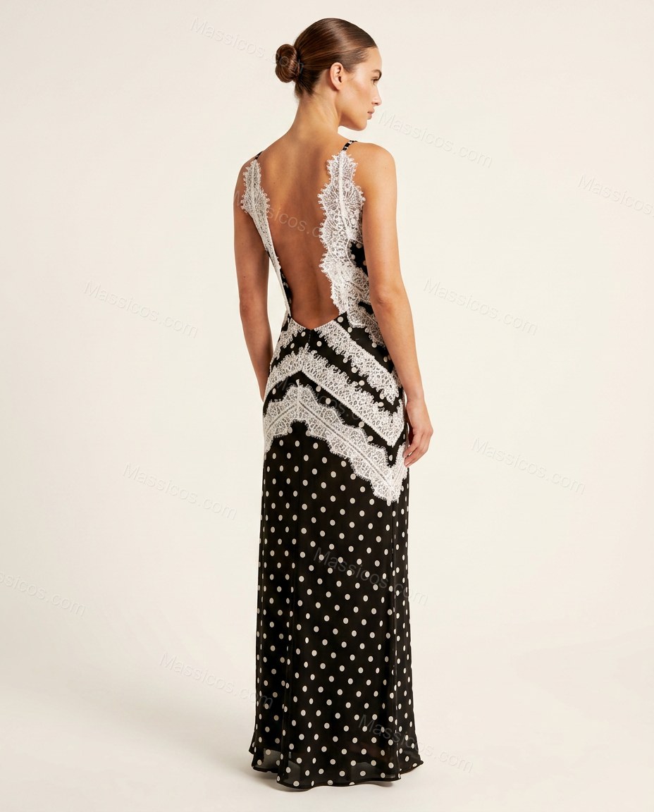 Black Polka Dot Maxi Open-Back Dress, back studio view showing open back with lace trim, by Massicos