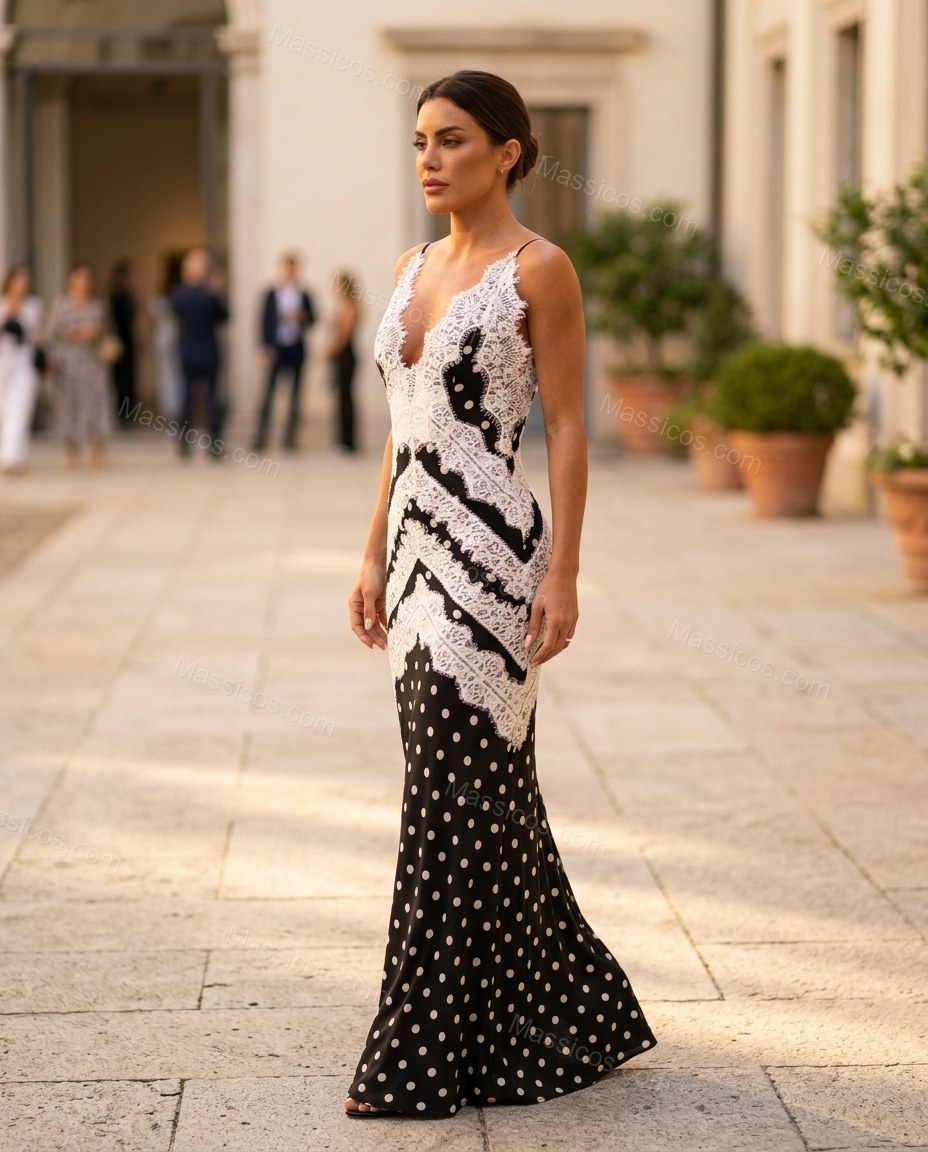 Black Polka Dot Maxi Open-Back Dress, walking lifestyle view, by Massicos