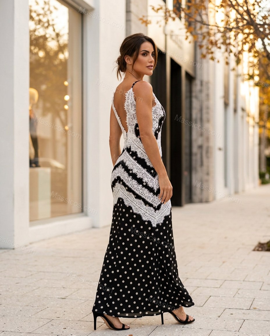 Black Polka Dot Maxi Open-Back Dress, movement and fit lifestyle view, by Massicos