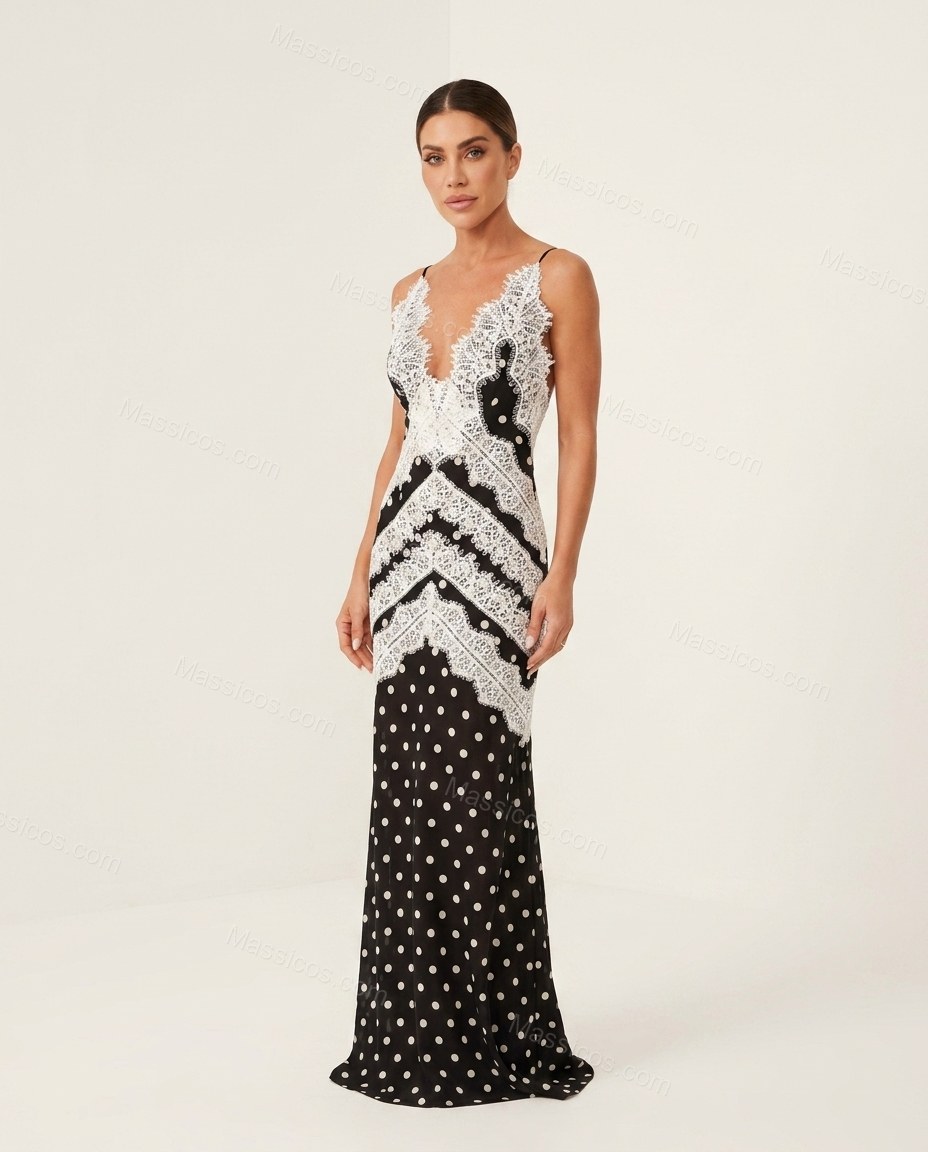 Black Polka Dot Maxi Open-Back Dress, front studio view, by Massicos