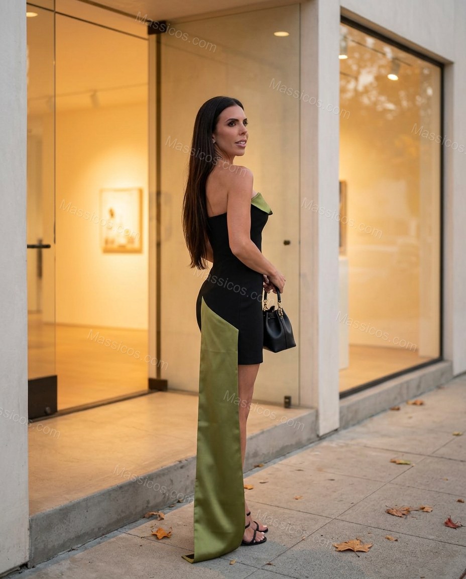 Black Mini Strapless Asymmetric Dress, movement and fit lifestyle view, by Massicos