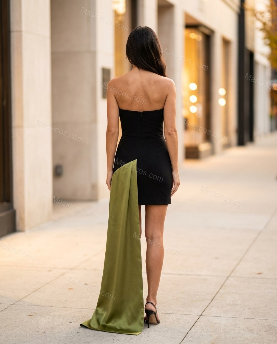 Black Mini Strapless Asymmetric Dress, alternate use-case lifestyle view, by Massicos