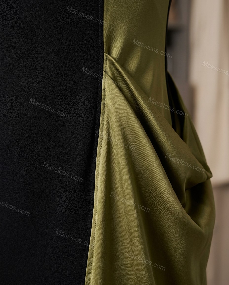 Black Mini Strapless Asymmetric Dress, close-up of olive green accents, asymmetrical design and contrasting fabric panel, by Massicos