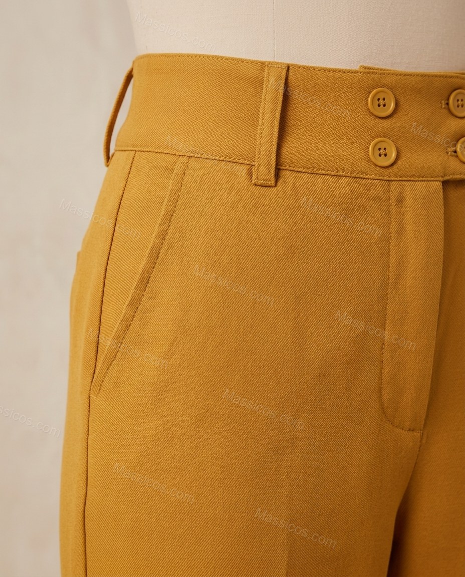 Mustard Yellow Pants Set, close-up of double-breasted top, notched lapels and cropped top, by Massicos