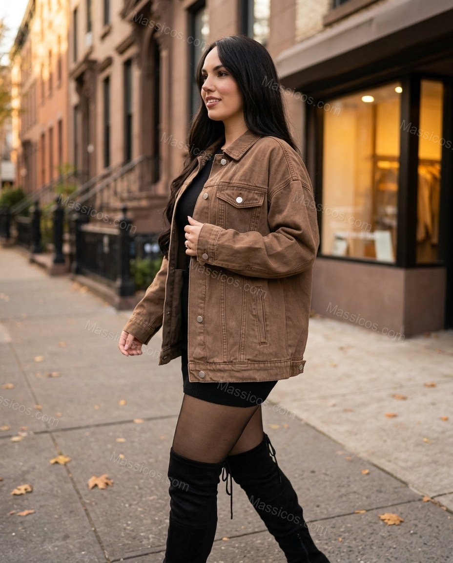 Brown Jacket, walking lifestyle view, by Massicos